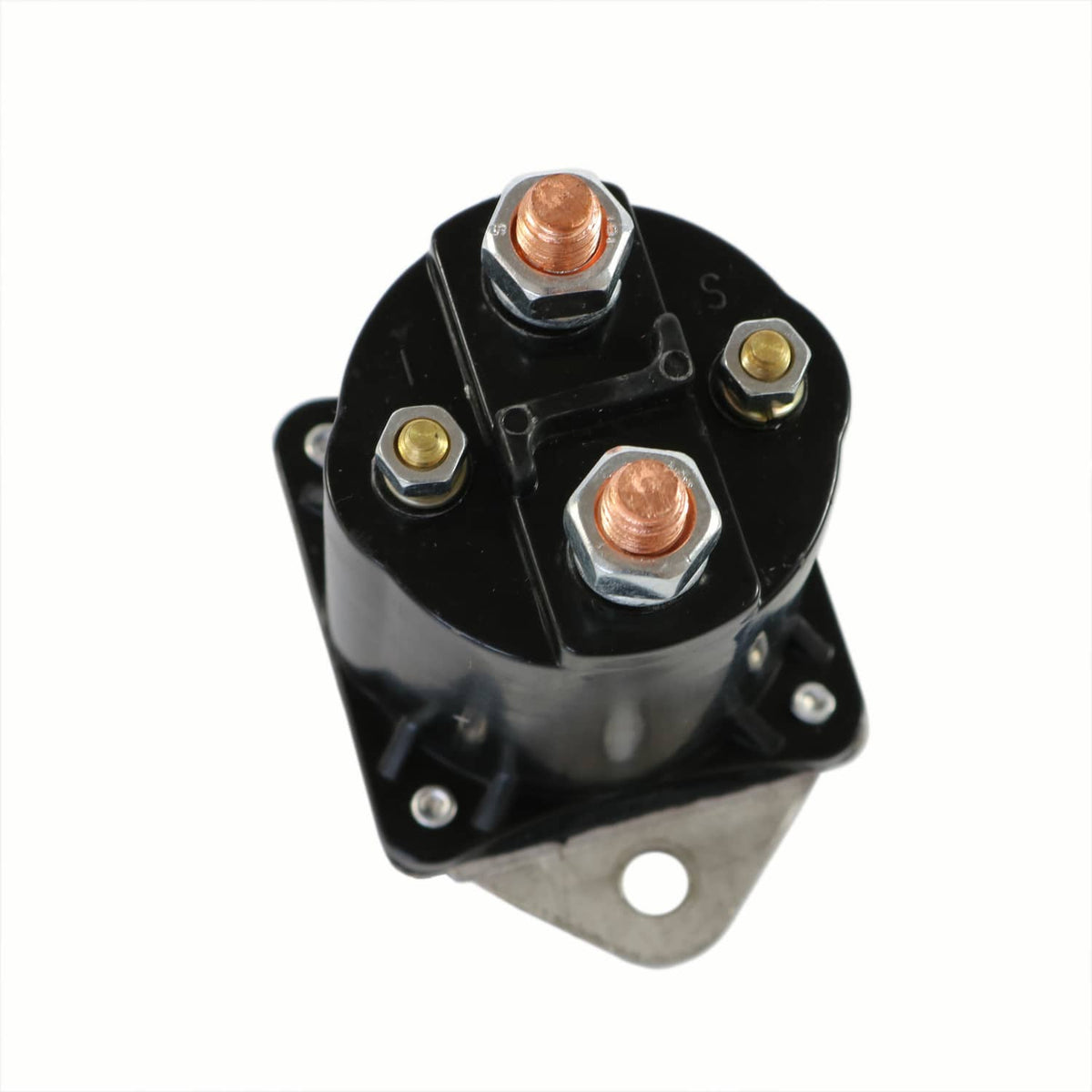 Close-up of 36V golf cart solenoid top with four terminals on black housing and base