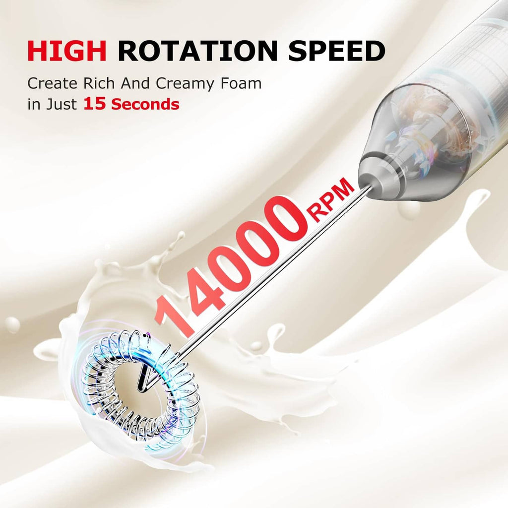 Silver milk frother whisk spinning in milk, creating creamy foam