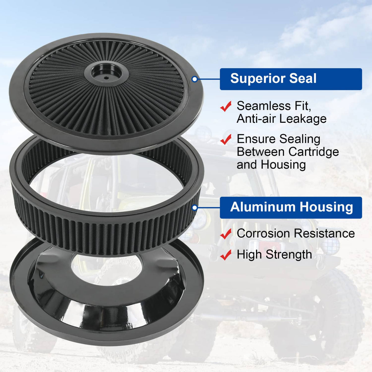 Stacked black air cleaner base and pleated top filter with center mounting stud
