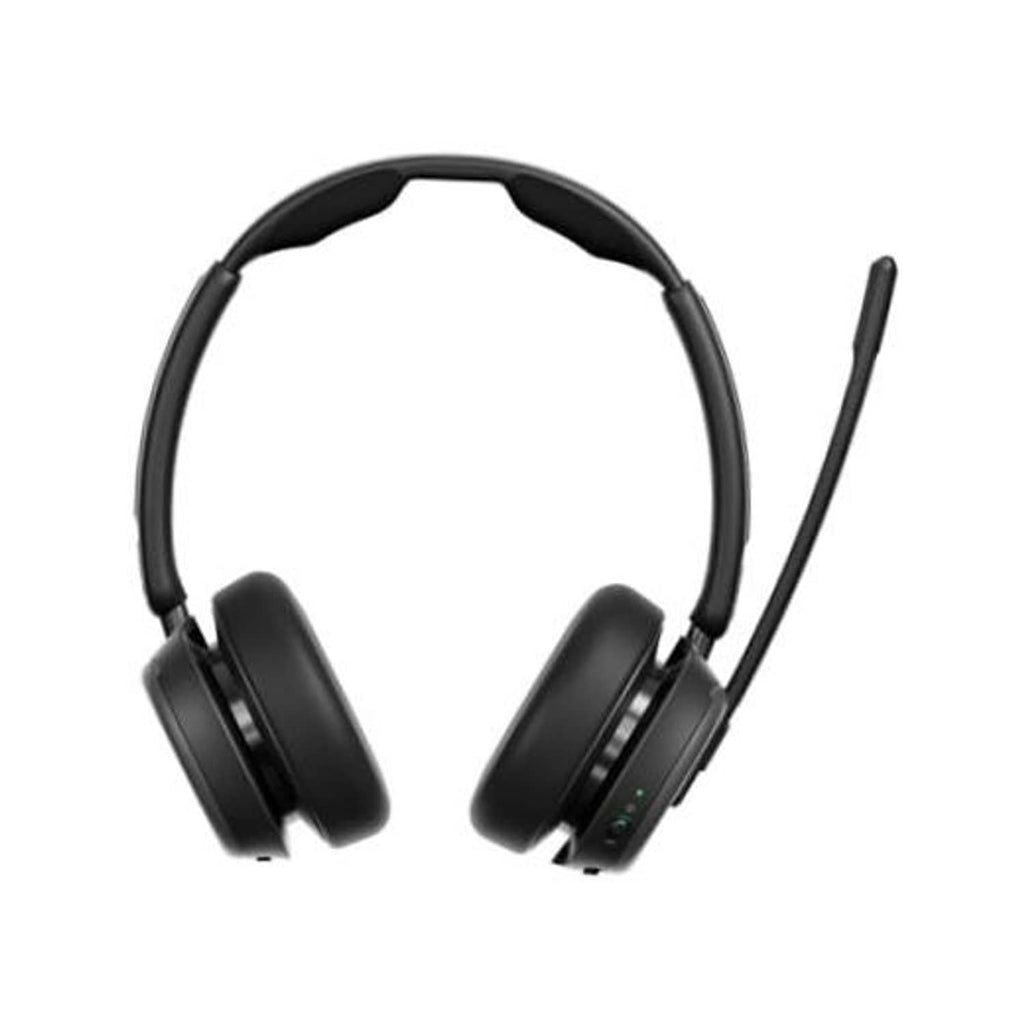 Black over-ear Bluetooth headset with boom microphone and padded earcups