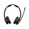 Black over-ear Bluetooth headset with boom microphone and padded earcups