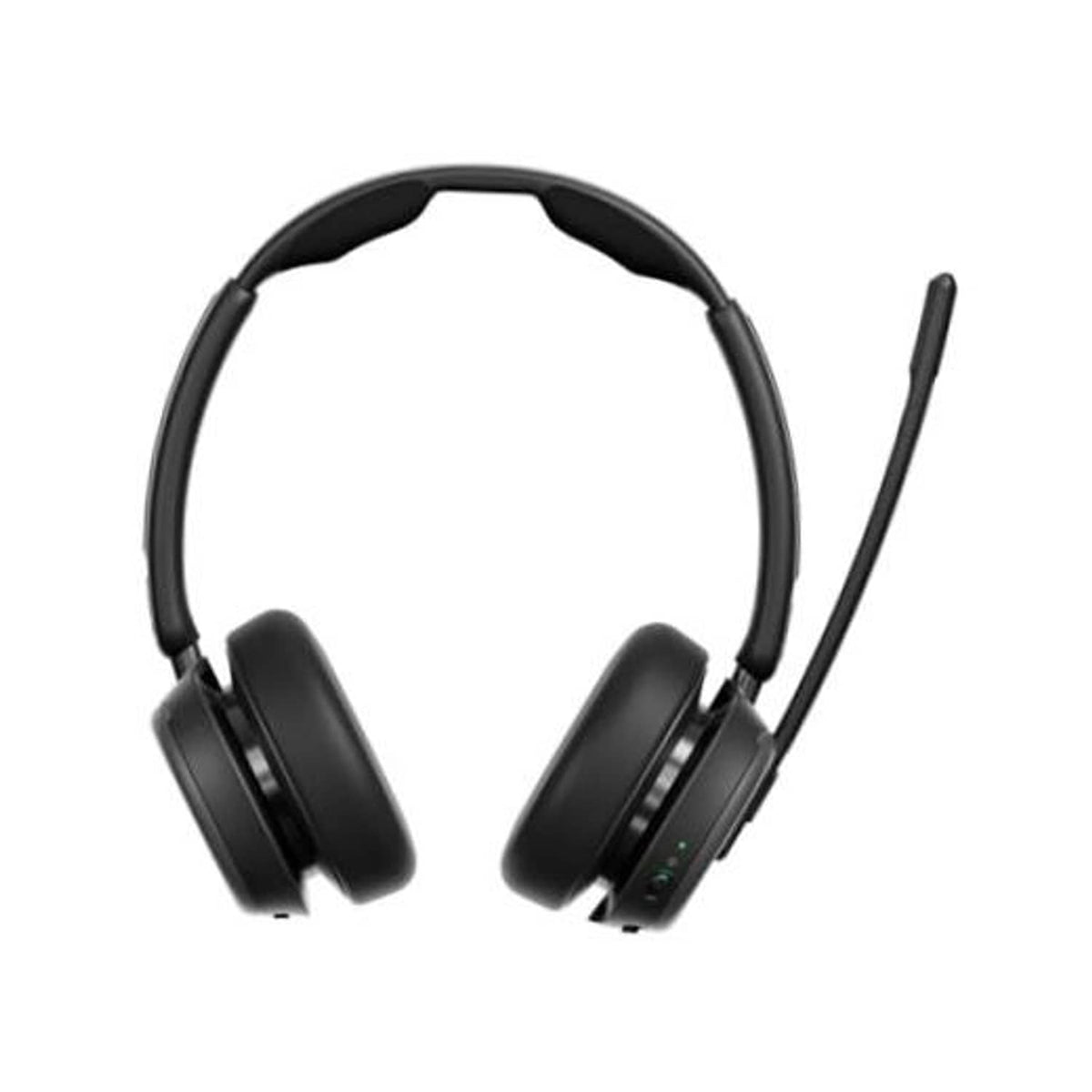 Black over-ear Bluetooth headset with boom microphone and padded earcups
