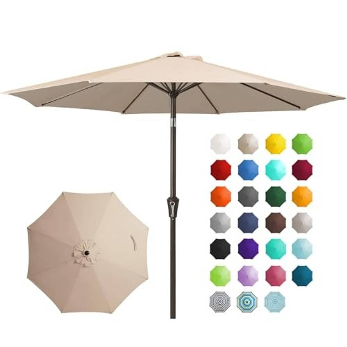 Beige 9 ft patio umbrella fully open, showing segmented canopy panels