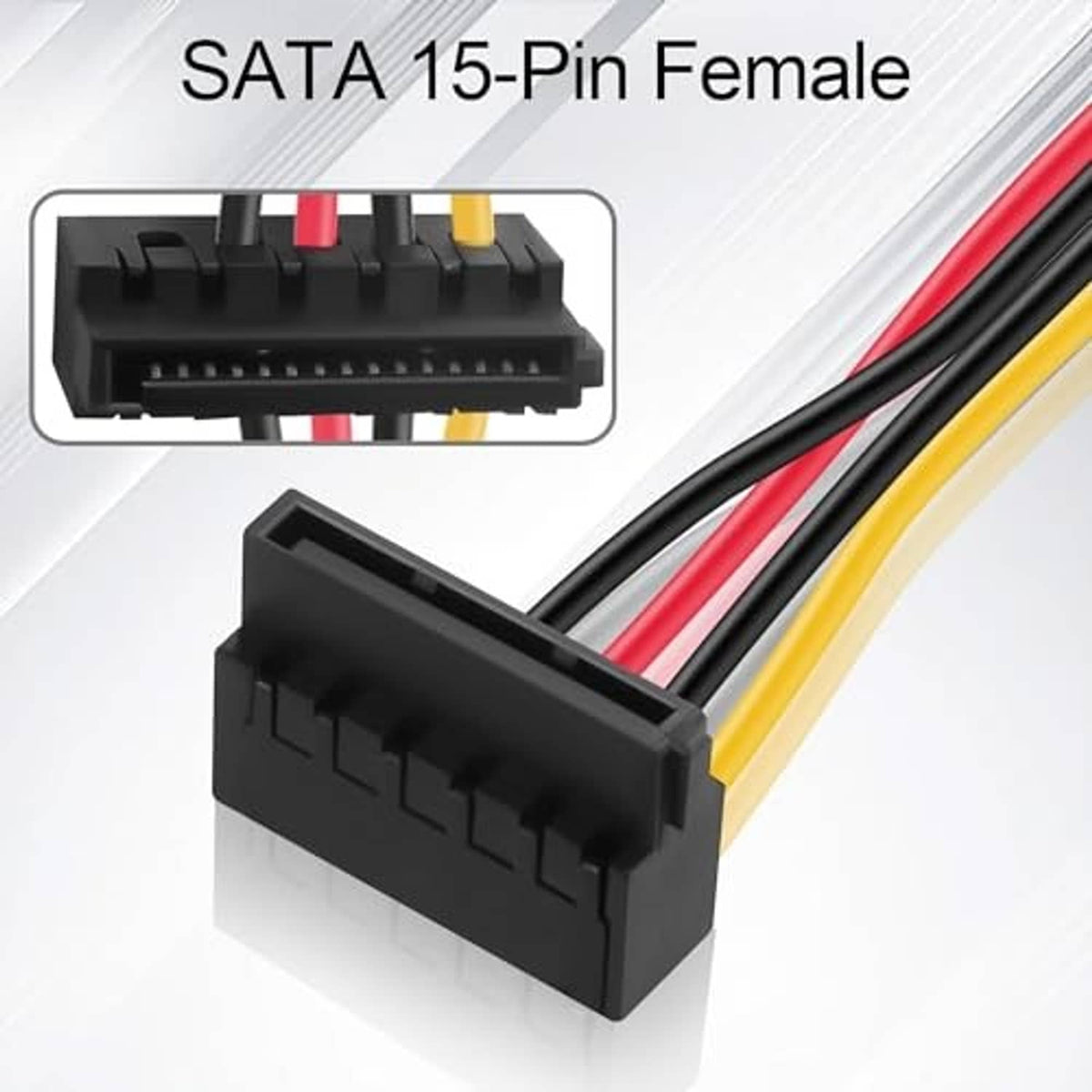 SATA 15-pin female connector end on a black multi-wire SATA power cable