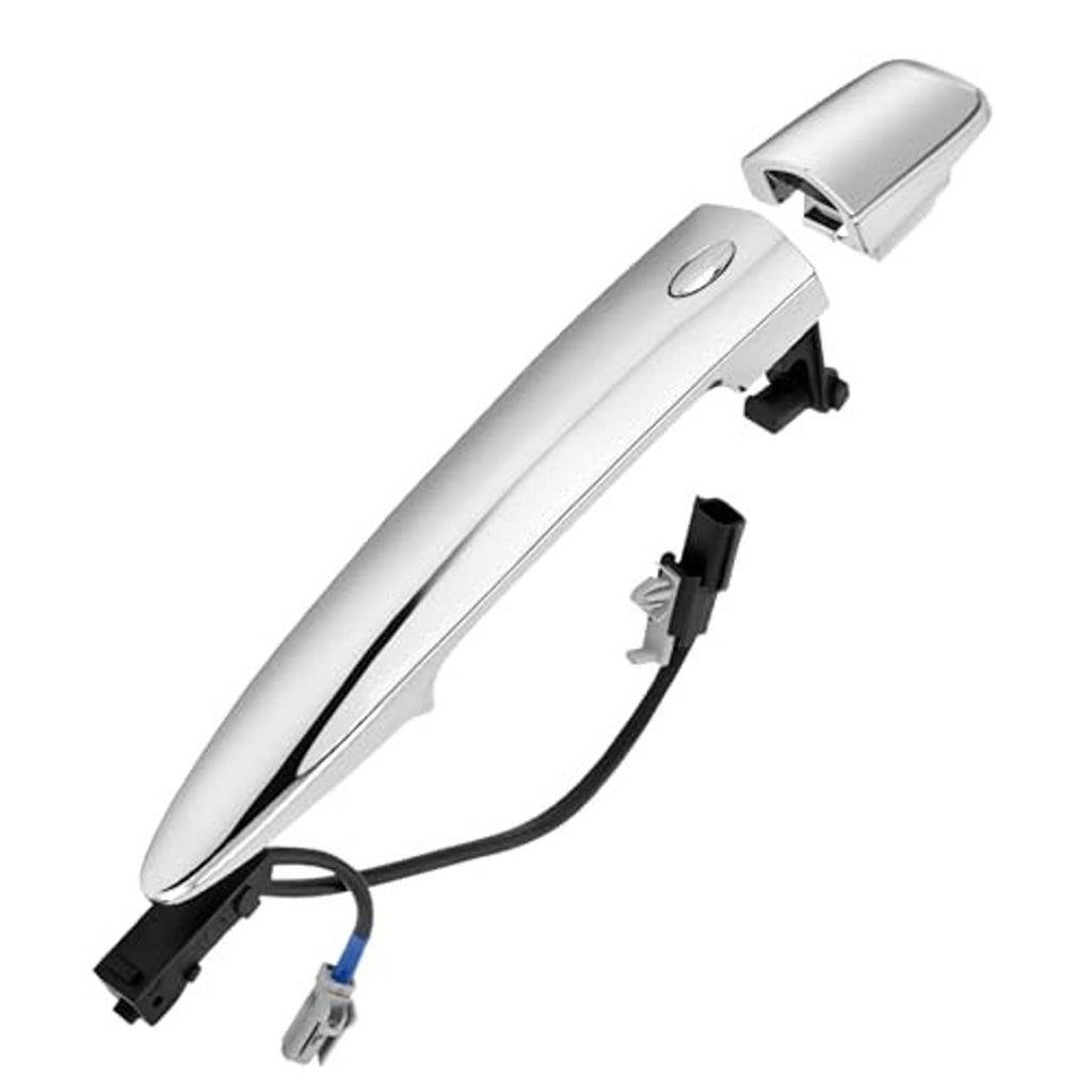 Chrome exterior door handle with black connector harness and mounting bracket