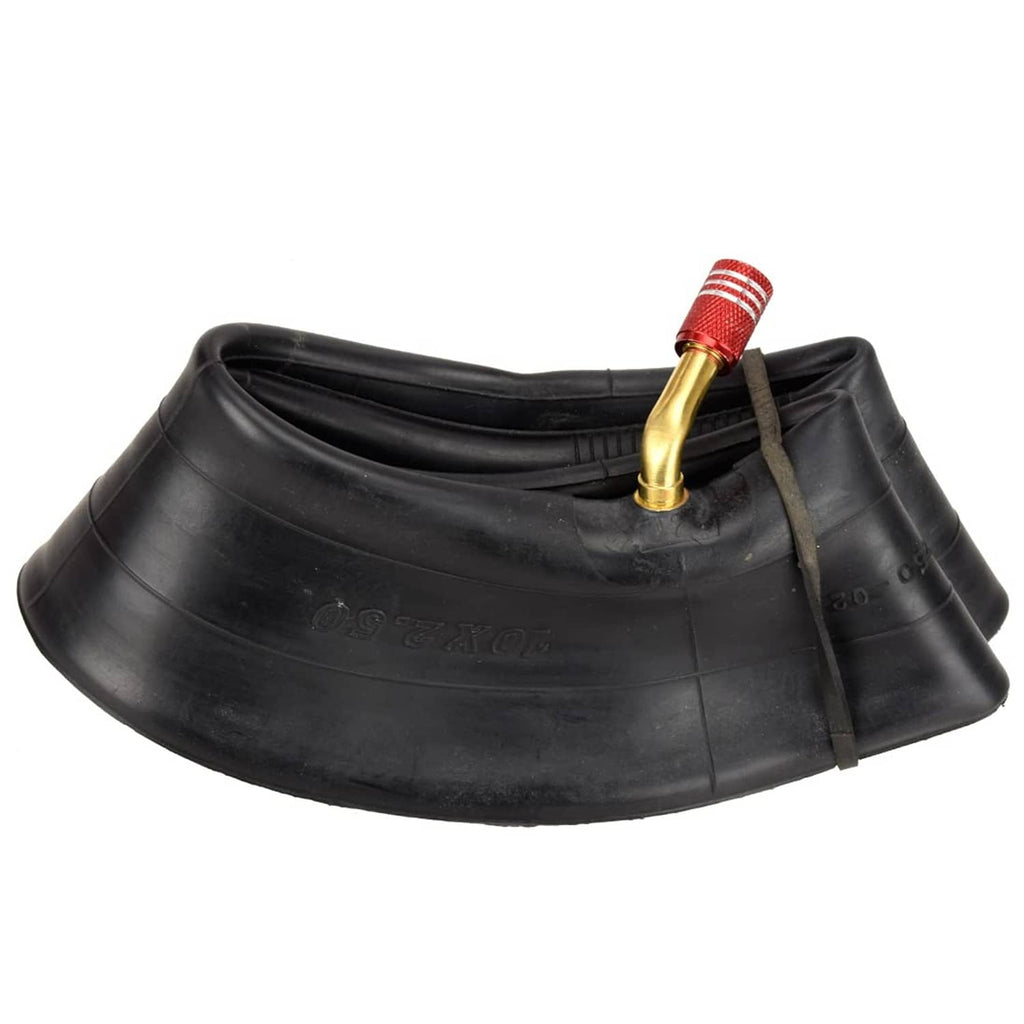 Black inner tube with red-and-gold valve and attached repair strap