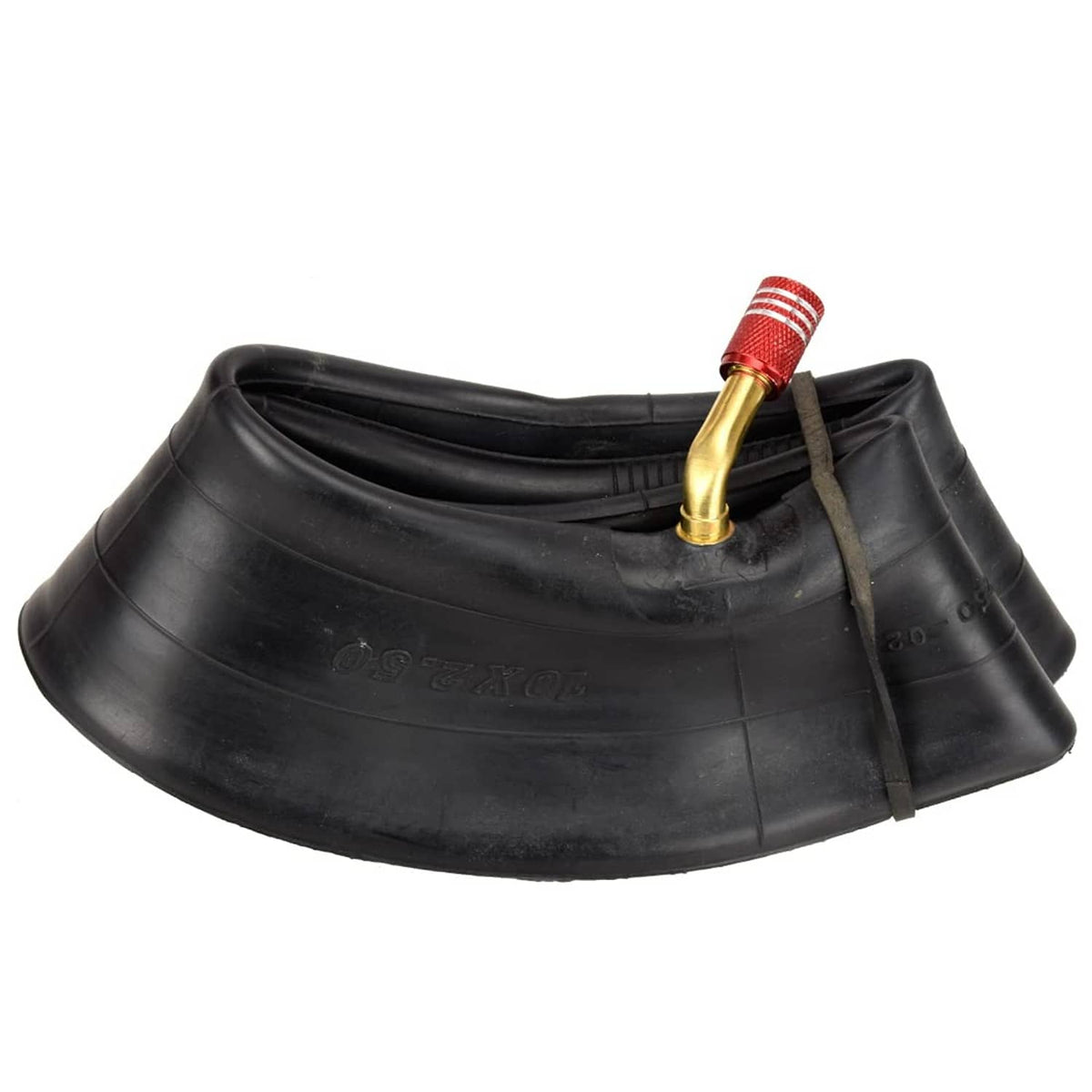 Black inner tube with red-and-gold valve and attached repair strap