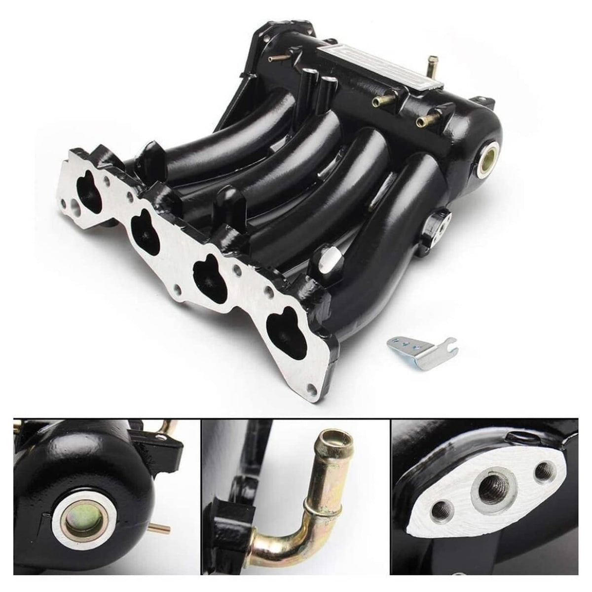 Black intake manifold runners with silver mounting flanges and vacuum/port fittings