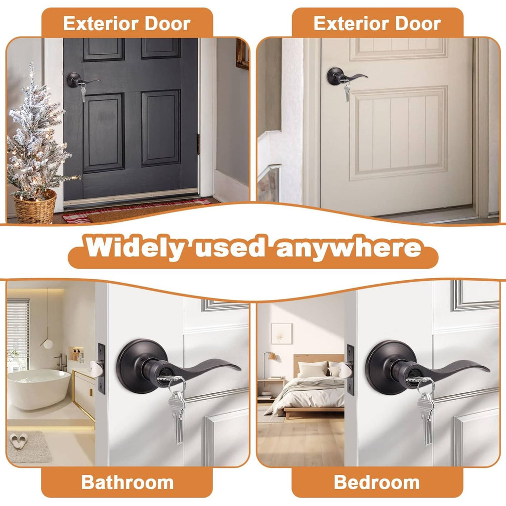 Keyed entry door lockset with dark lever handle on an exterior door