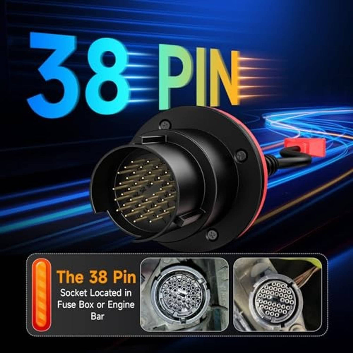 OBDII adapter cable with 38-pin socket, round connector with many contact pins, red trim