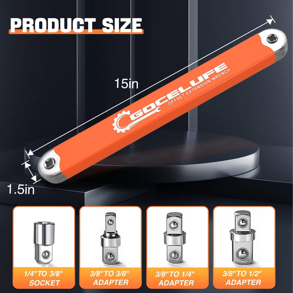 Orange offset extension wrench, 15 in length, with socket adapters shown below.