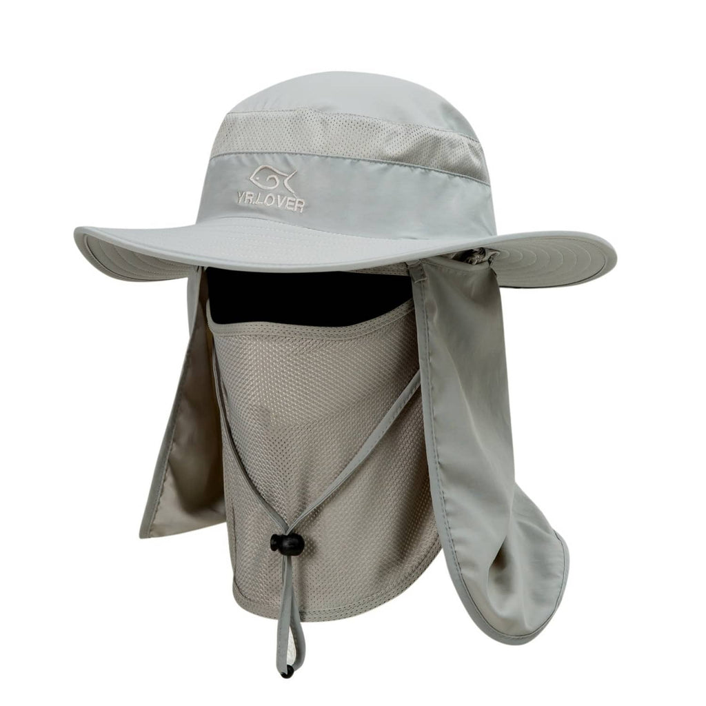 Yr.lover wide-brim fishing cap in light gray with neck flap and drawstring ties