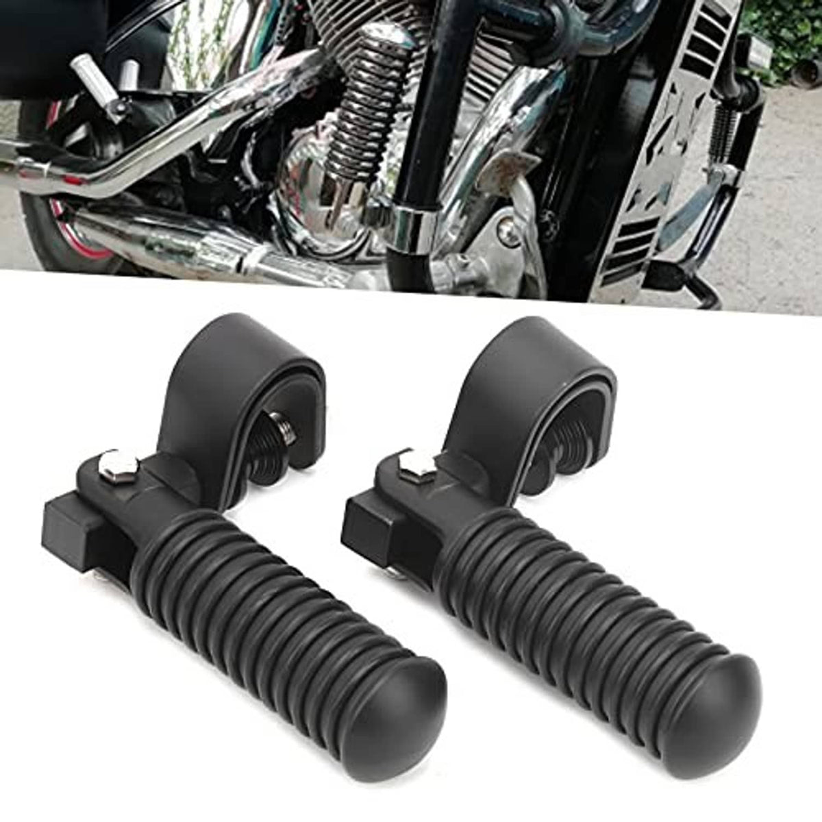 Black motorcycle foot peg brackets with ribbed rubber pads and hex mounting hardware