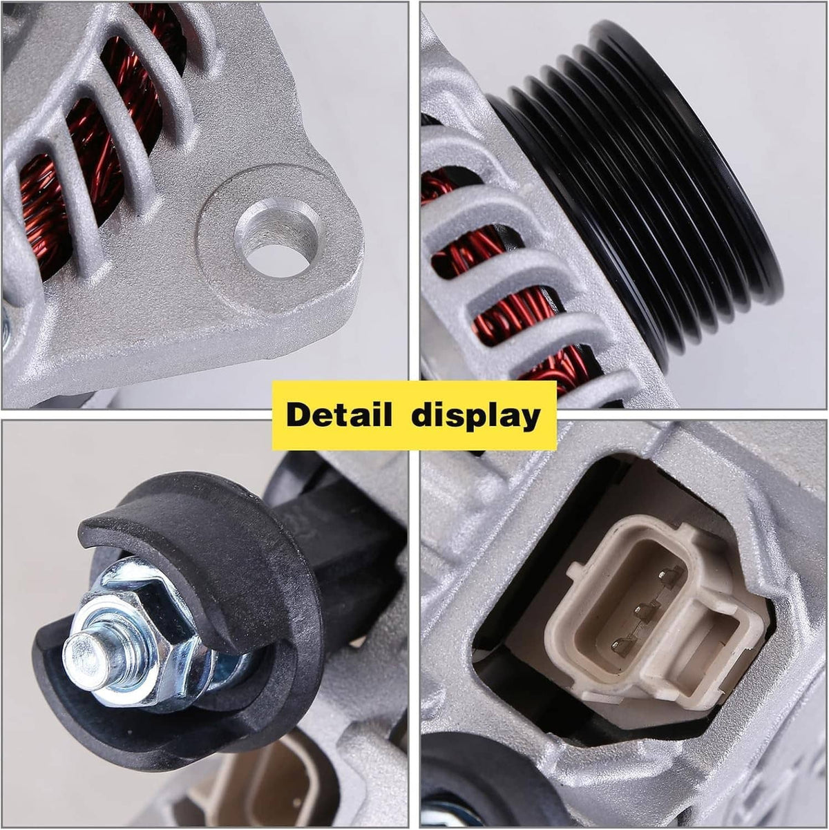 Alternator detail display showing pulley ribs, mounting bolt, and electrical connector port