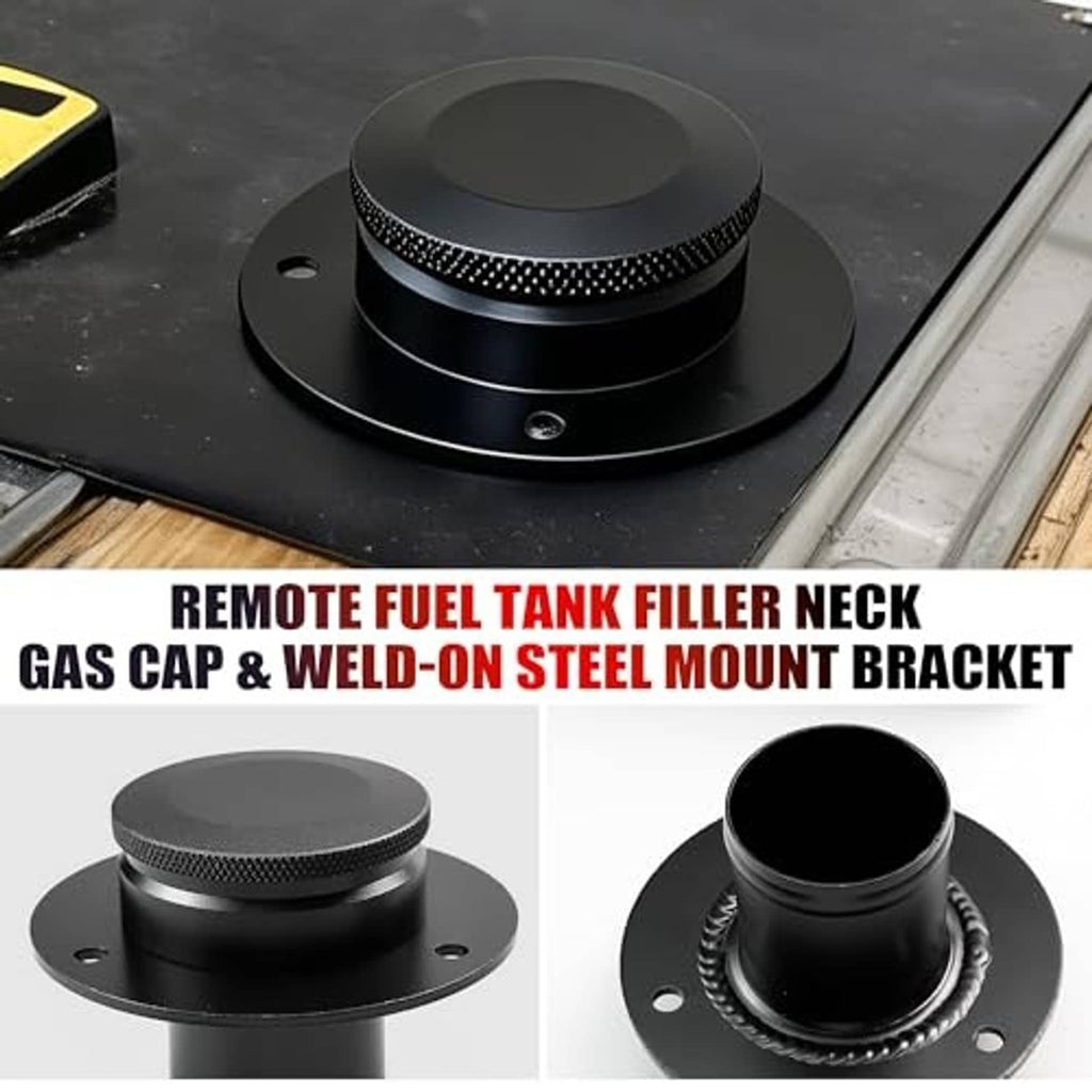 Black remote fuel tank filler neck with textured cap and weld-on steel mount bracket