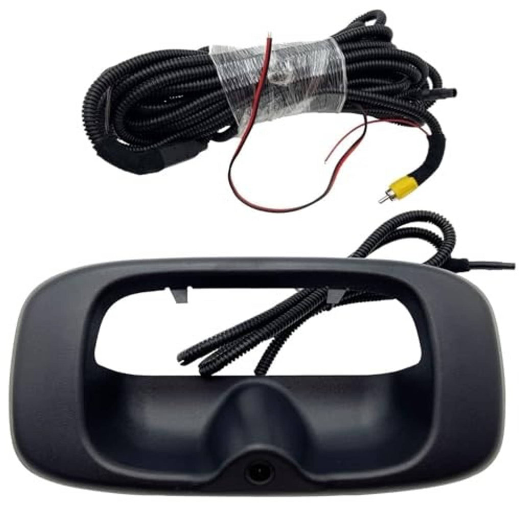 Rear view camera tailgate handle bezel with black wiring harness and power leads