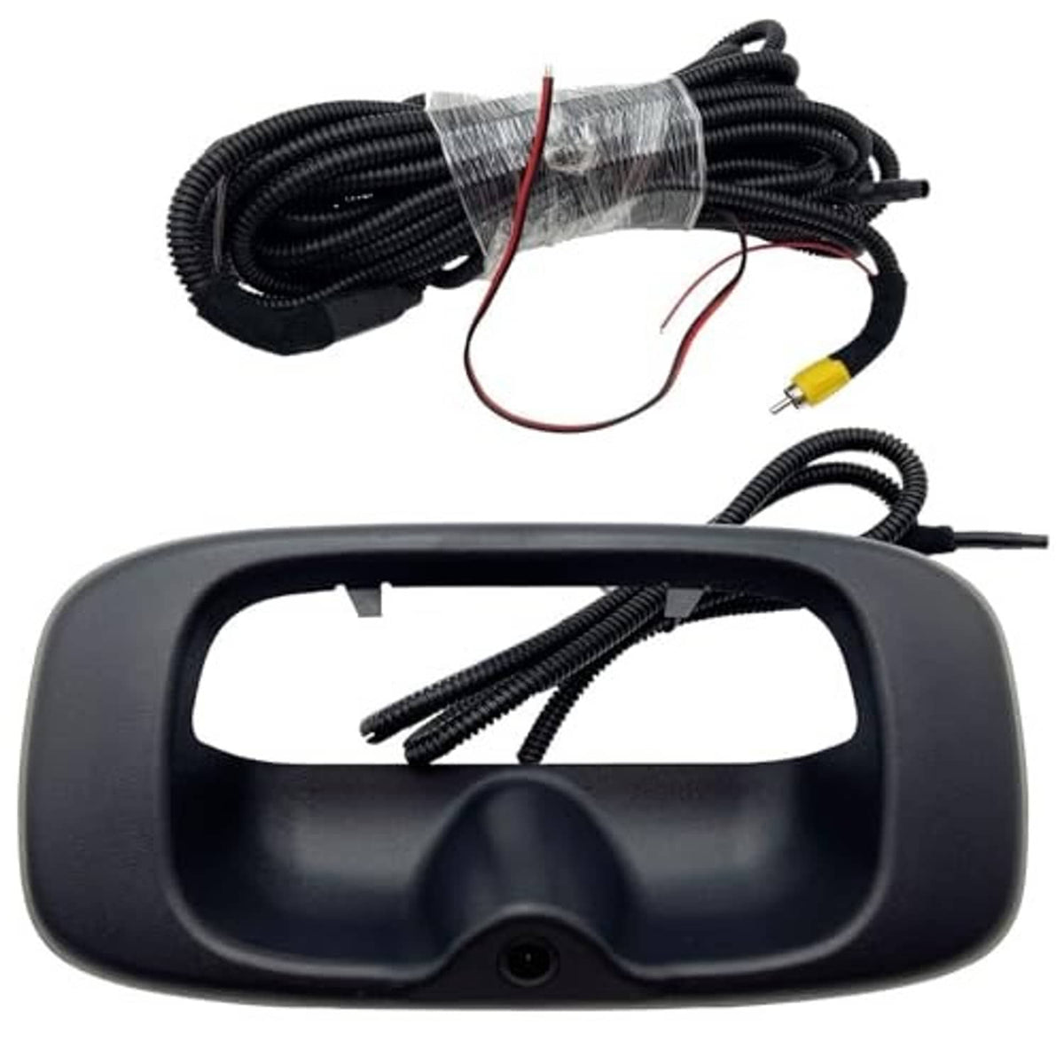 Rear view camera tailgate handle bezel with black wiring harness and power leads