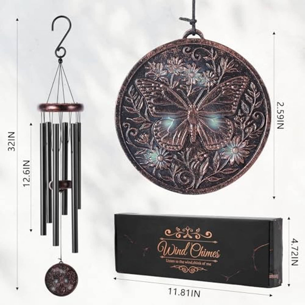 Wind chime with embossed butterfly medallion, six tubes, and included rectangular box