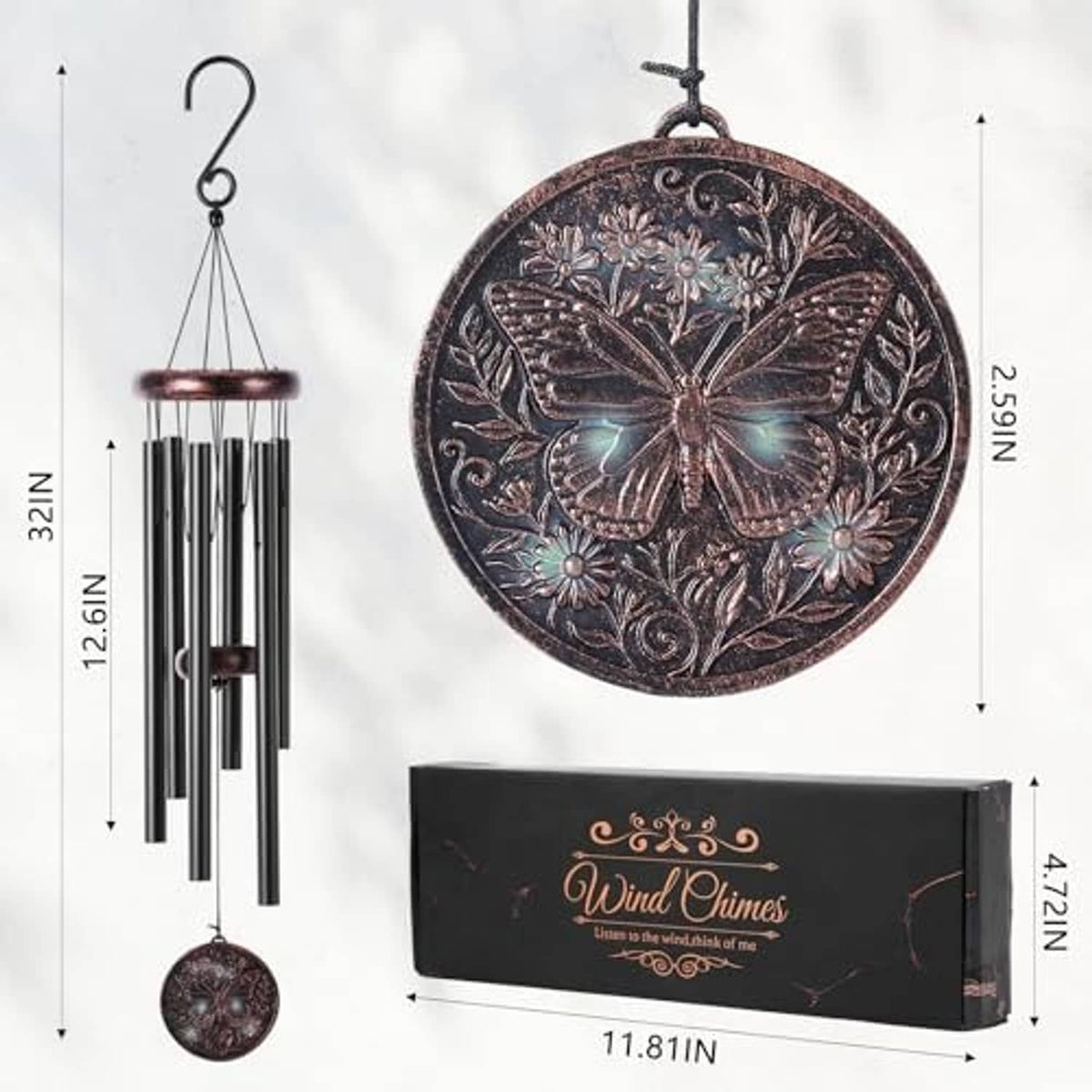 Wind chime with embossed butterfly medallion, six tubes, and included rectangular box