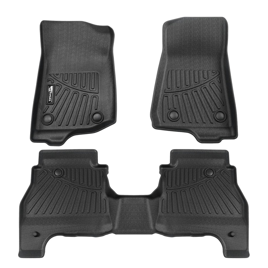 Black front and rear floor liners set with raised ridges and molded button details