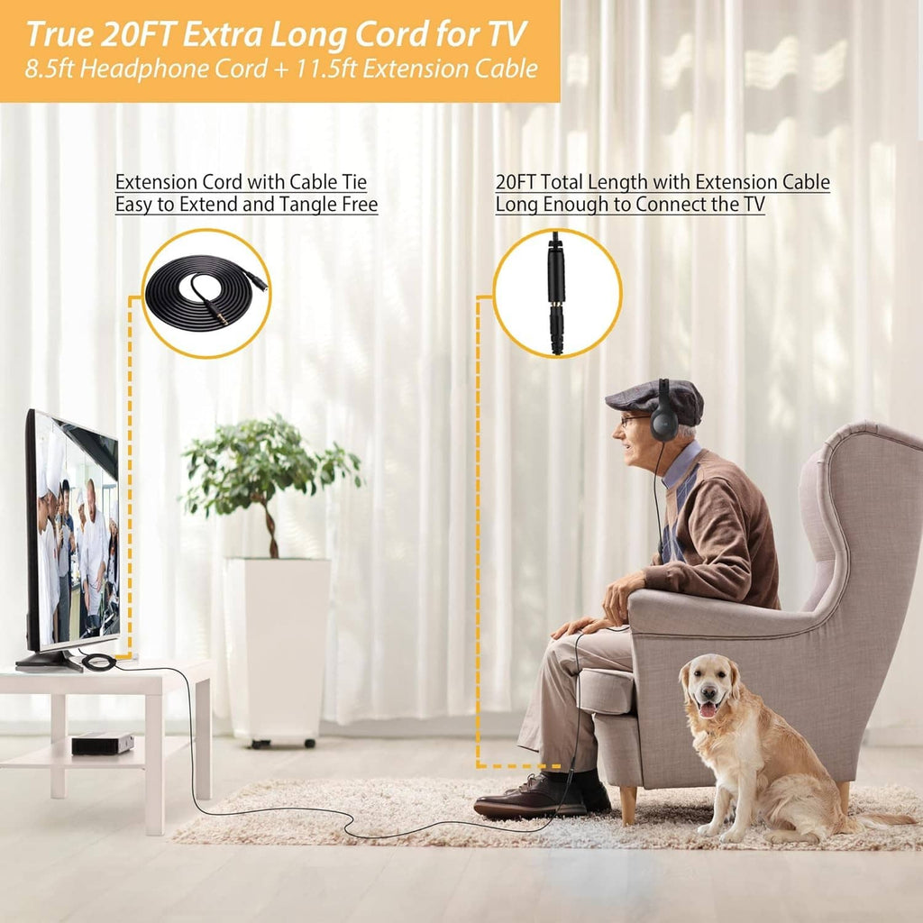 Black over-ear wired headphones with extra-long extension cord and cable tie