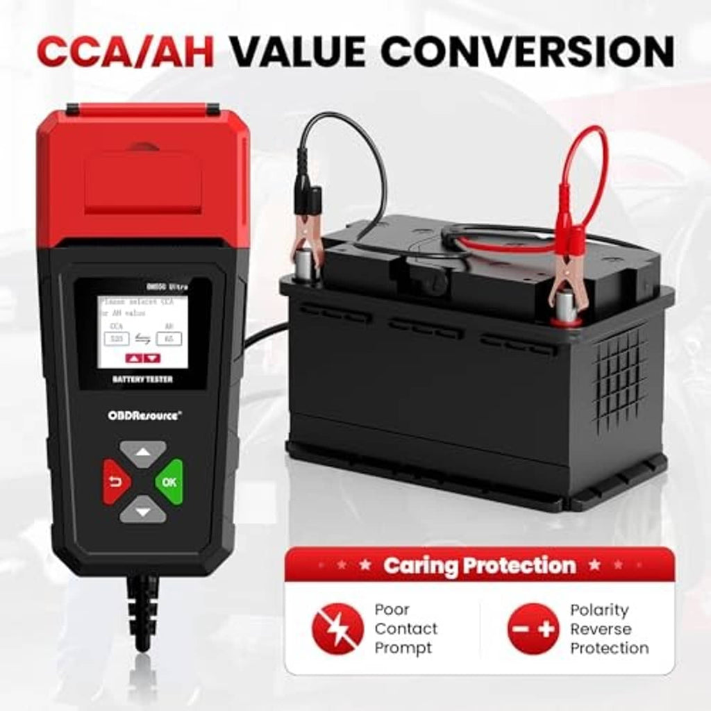 Car battery tester with printer showing CCA conversion connected to battery