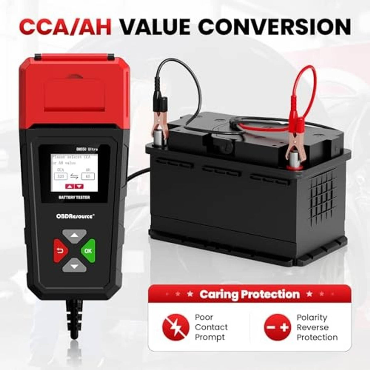 Car battery tester with printer showing CCA conversion connected to battery