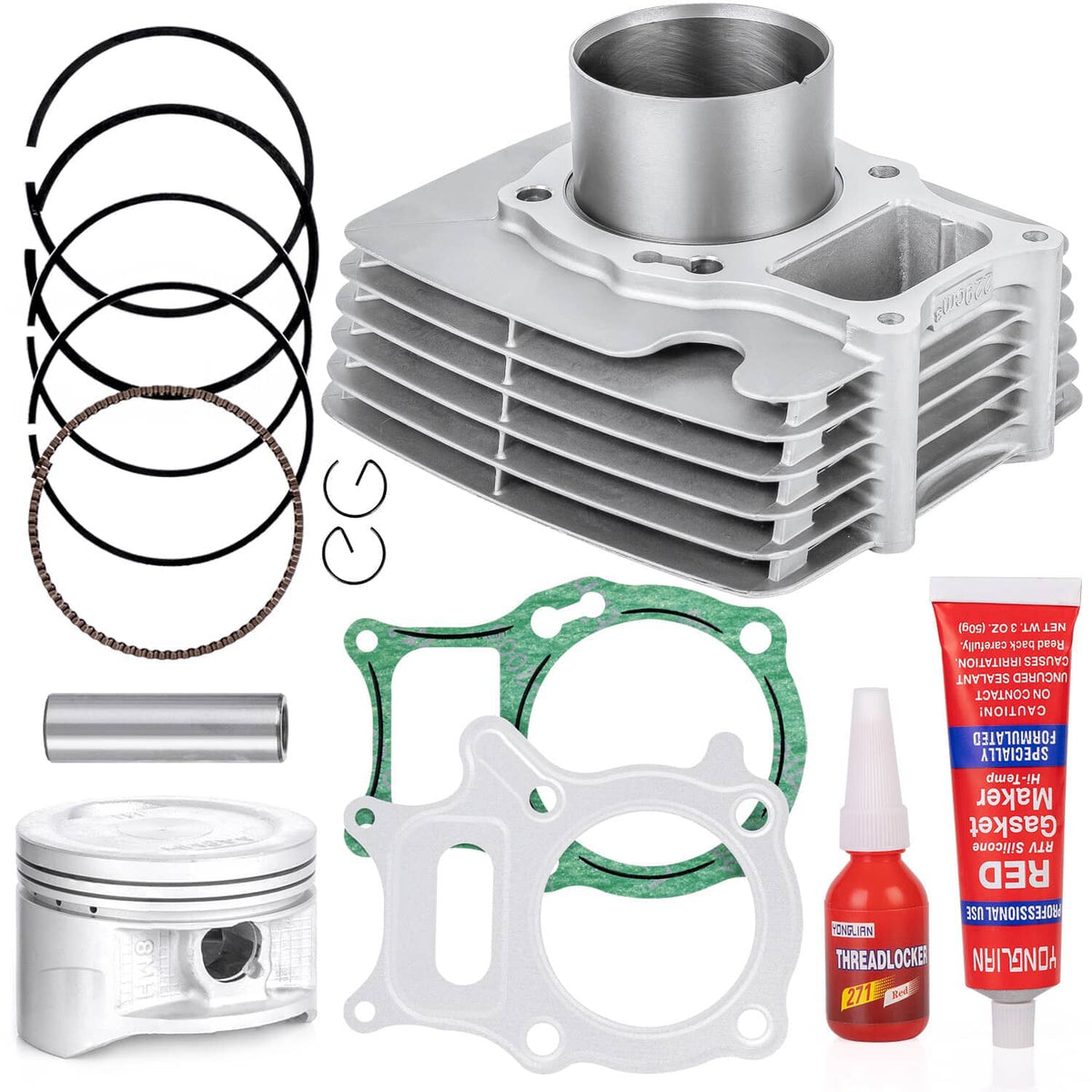 Silver cylinder with fins, piston, green head gasket, base gasket, rings, and pins kit