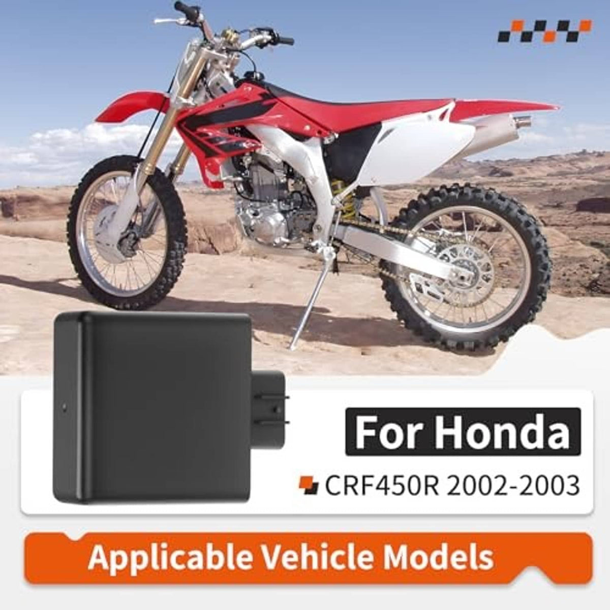 Black ignition module box shown on a motorcycle packaging graphic
