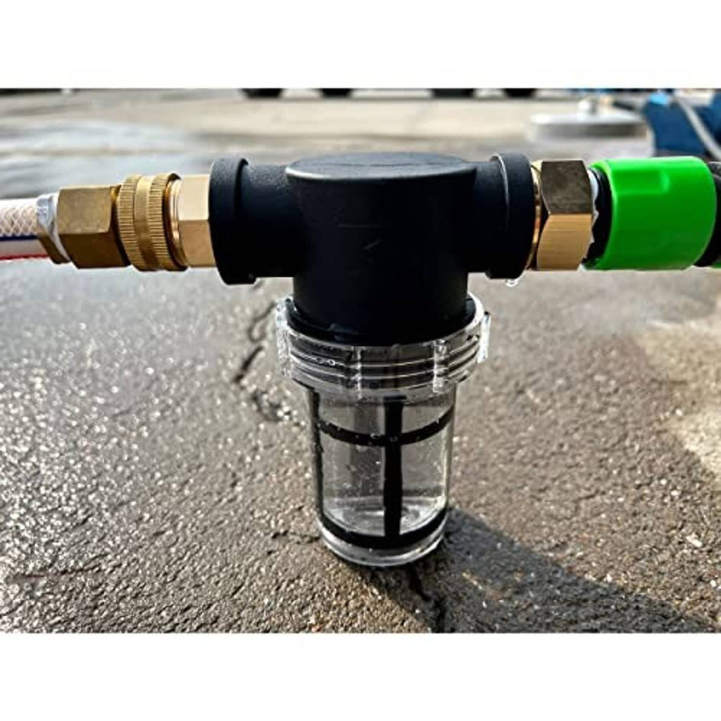 Pressure washer hose filter attached inline on a garden hose, clear canister and black body