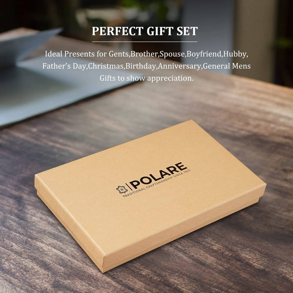Brown gift box with “IPOLARE” logo, set packaging on a wooden surface