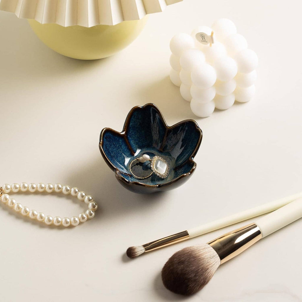 Blue ceramic flower jewelry tray dish with decorative ring and pearl detail