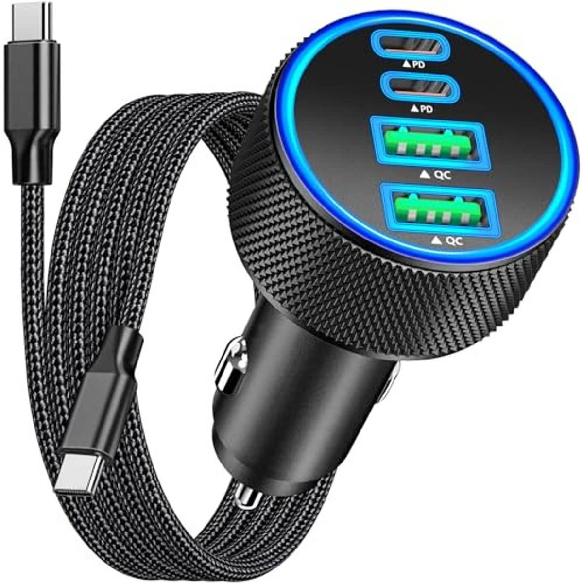 Black car USB-C charger with braided cable and 4-port USB LED power hub, close-up