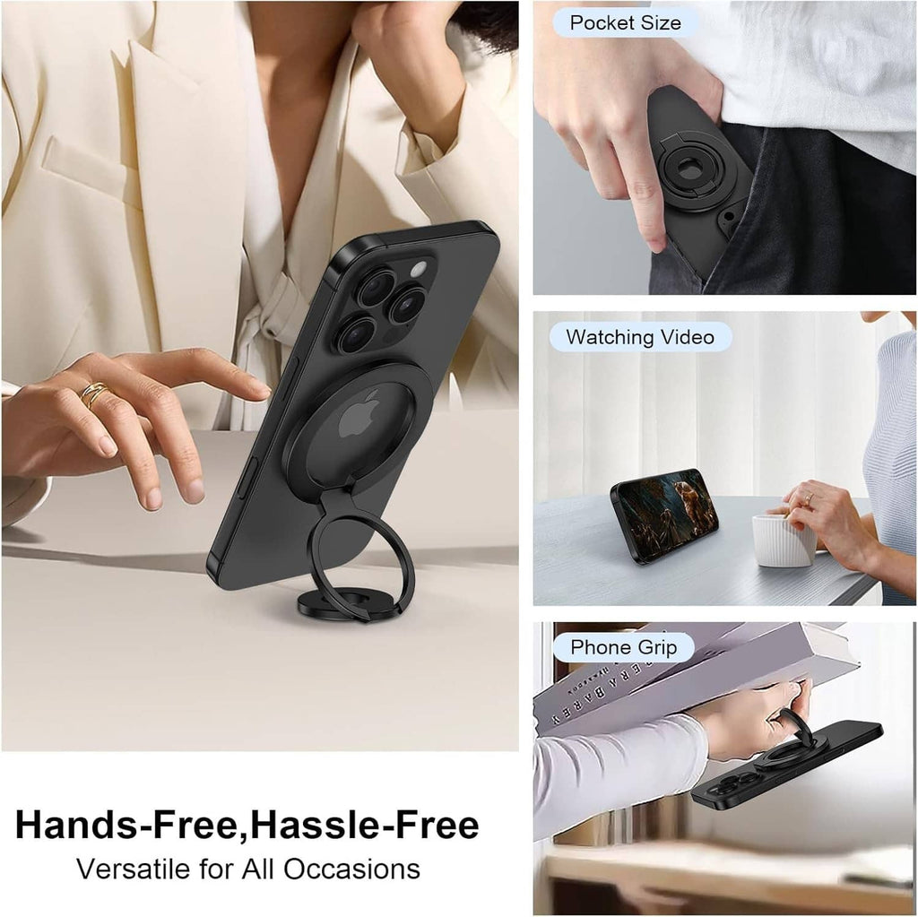 Black magnetic phone ring holder stand with finger ring on the back of a phone
