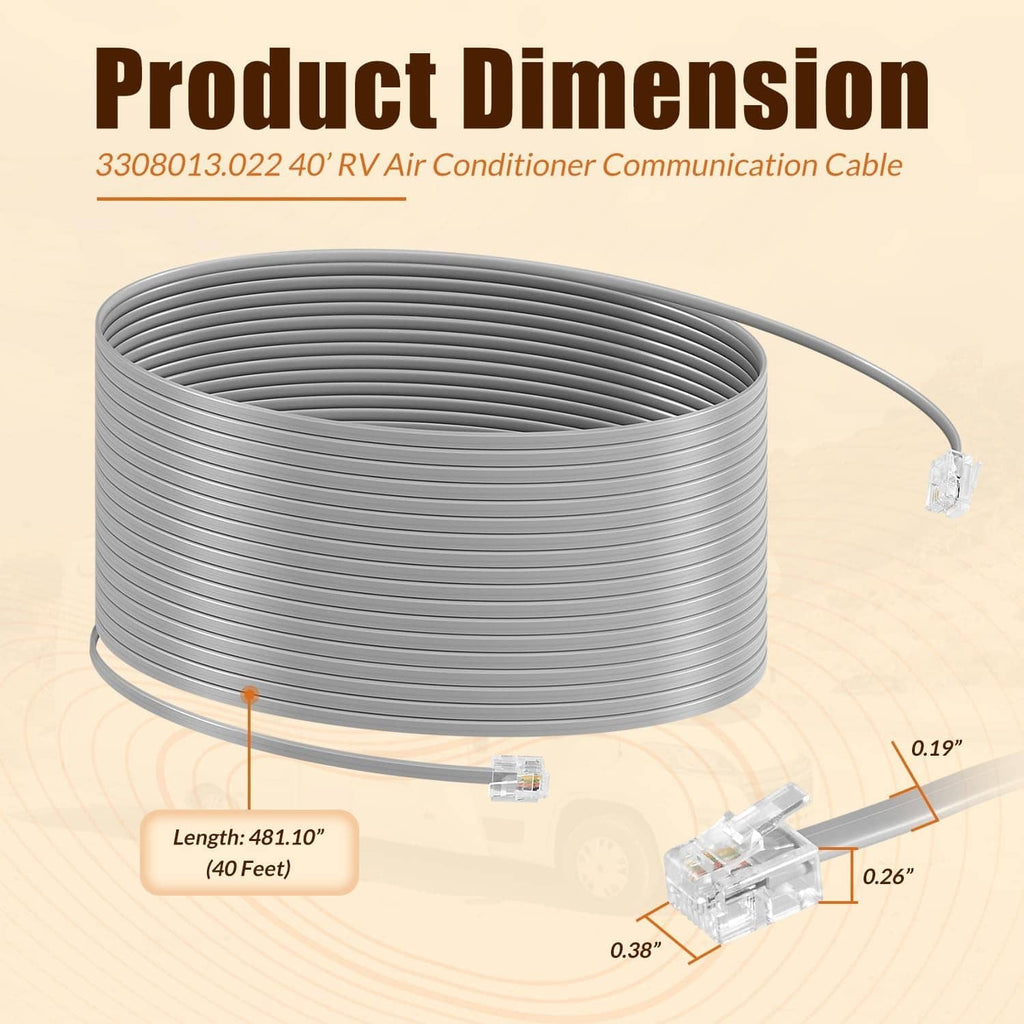 RV air conditioner communication cable coil with gray cable and two RJ-11 connector ends