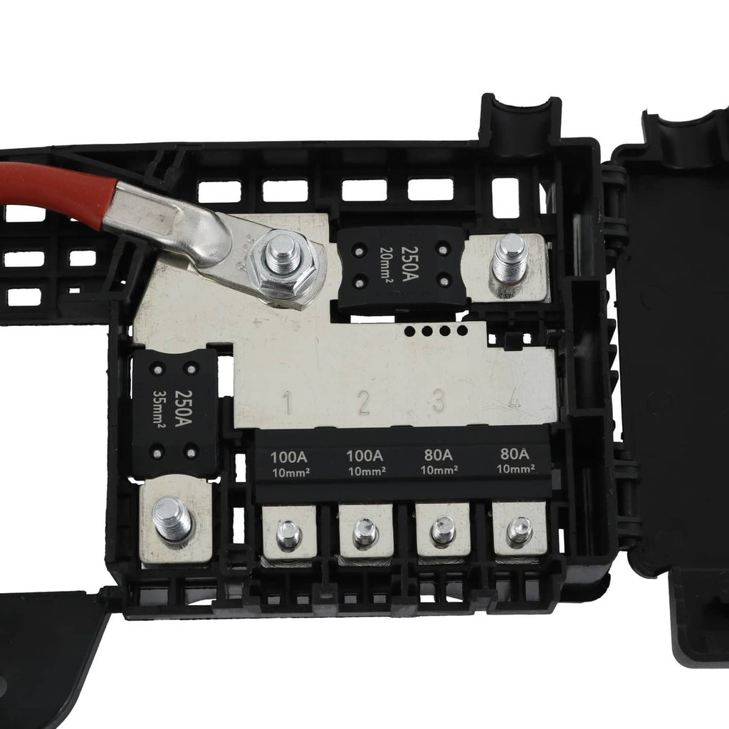 Black fuse block terminal with printed fuse ratings and metal contact screws