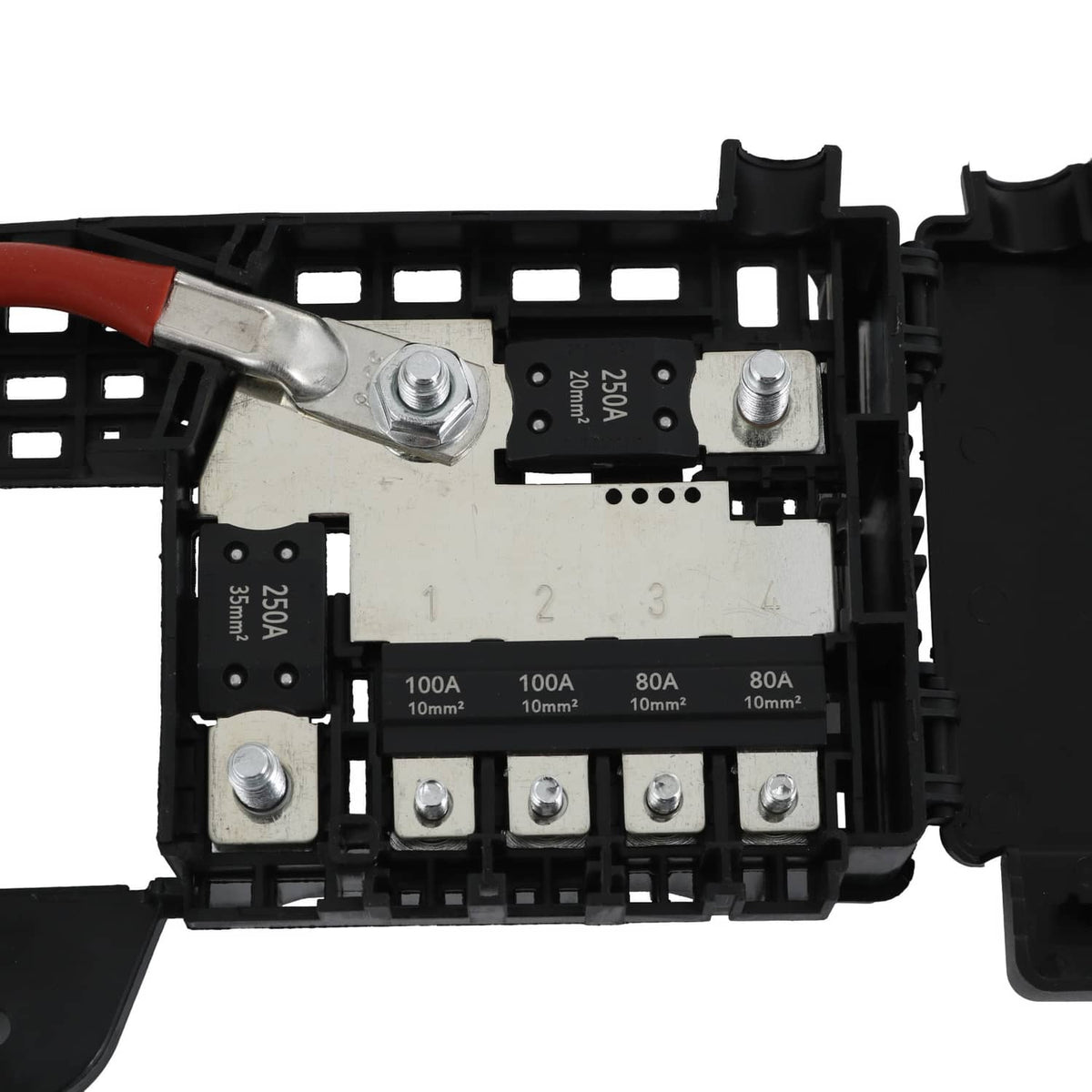 Black fuse block terminal with printed fuse ratings and metal contact screws
