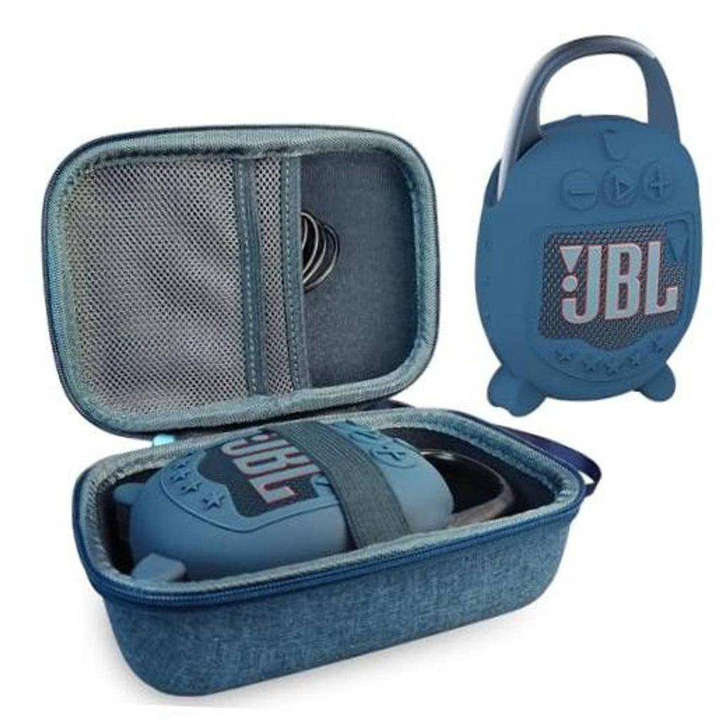 Blue JBL Clip 5 silicone speaker cover with zippered hard case, open half view