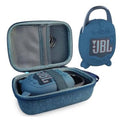 Blue JBL Clip 5 silicone speaker cover with zippered hard case, open half view