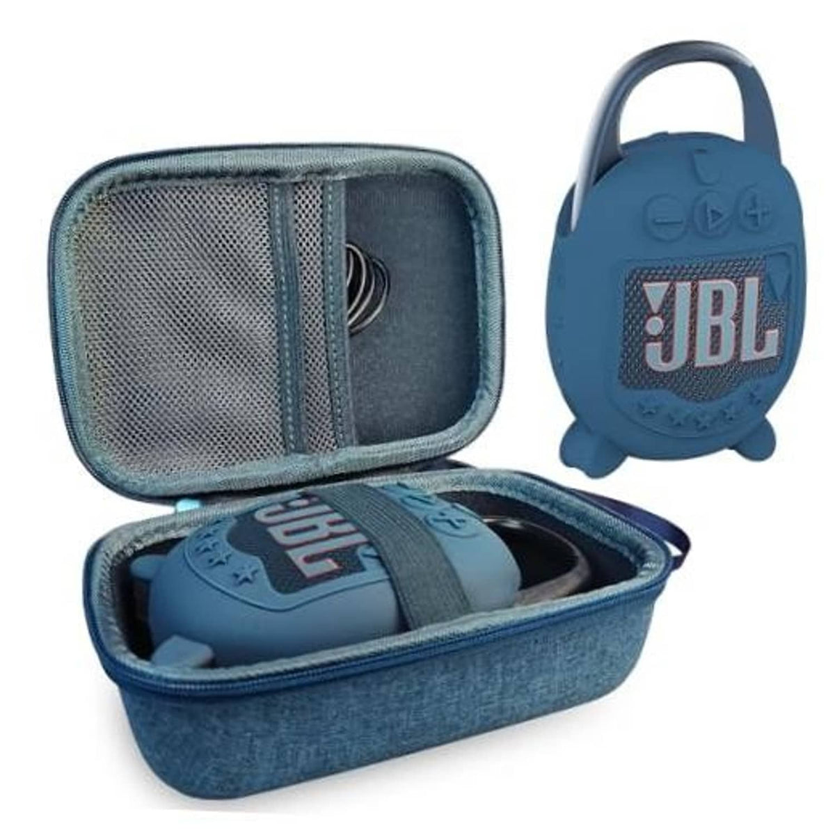 Blue JBL Clip 5 silicone speaker cover with zippered hard case, open half view