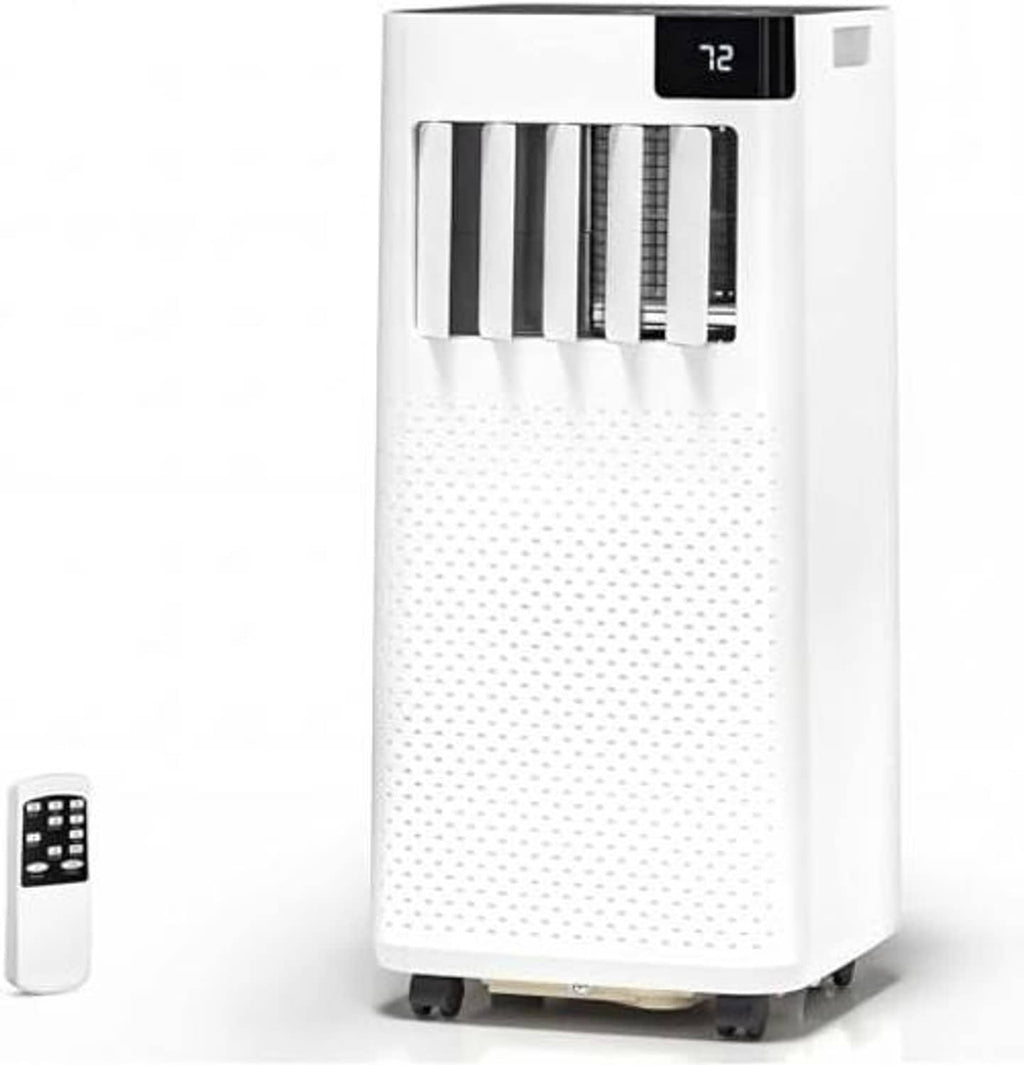 White portable air conditioner with front vent grille and top digital temperature display