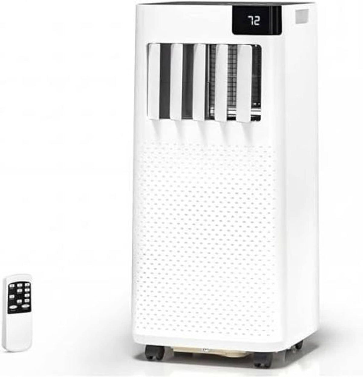 White portable air conditioner with front vent grille and top digital temperature display