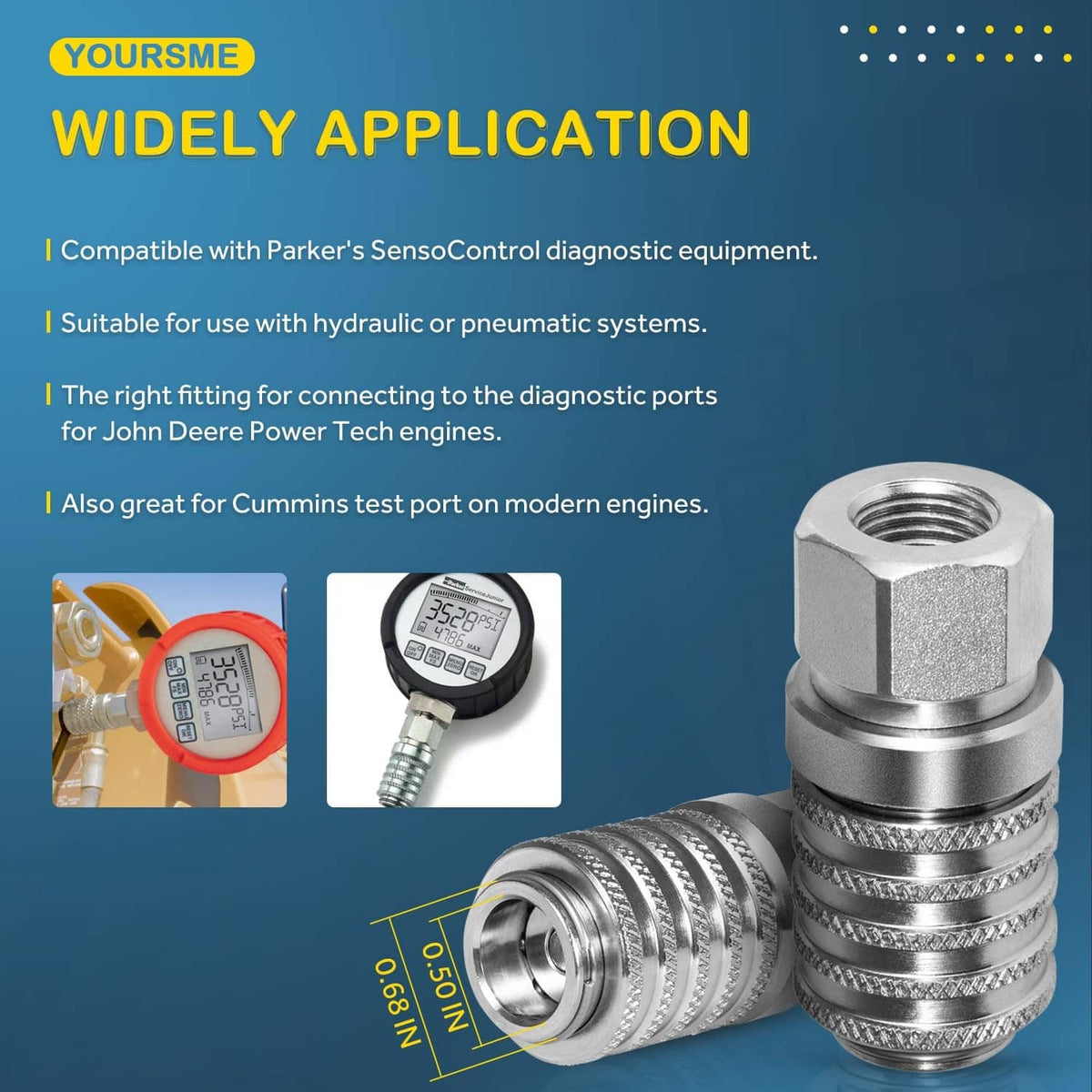 Silver diagnostic test port quick coupler with knurled sleeve, hex fitting, and threaded ends