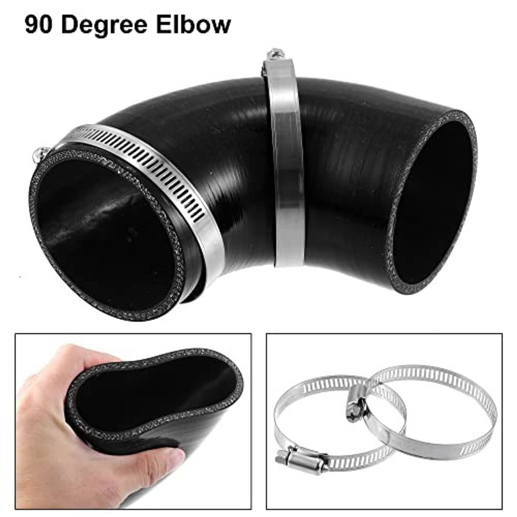 Black 90-degree silicone elbow reducer hose, 76mm (3 in), with clamp accessories