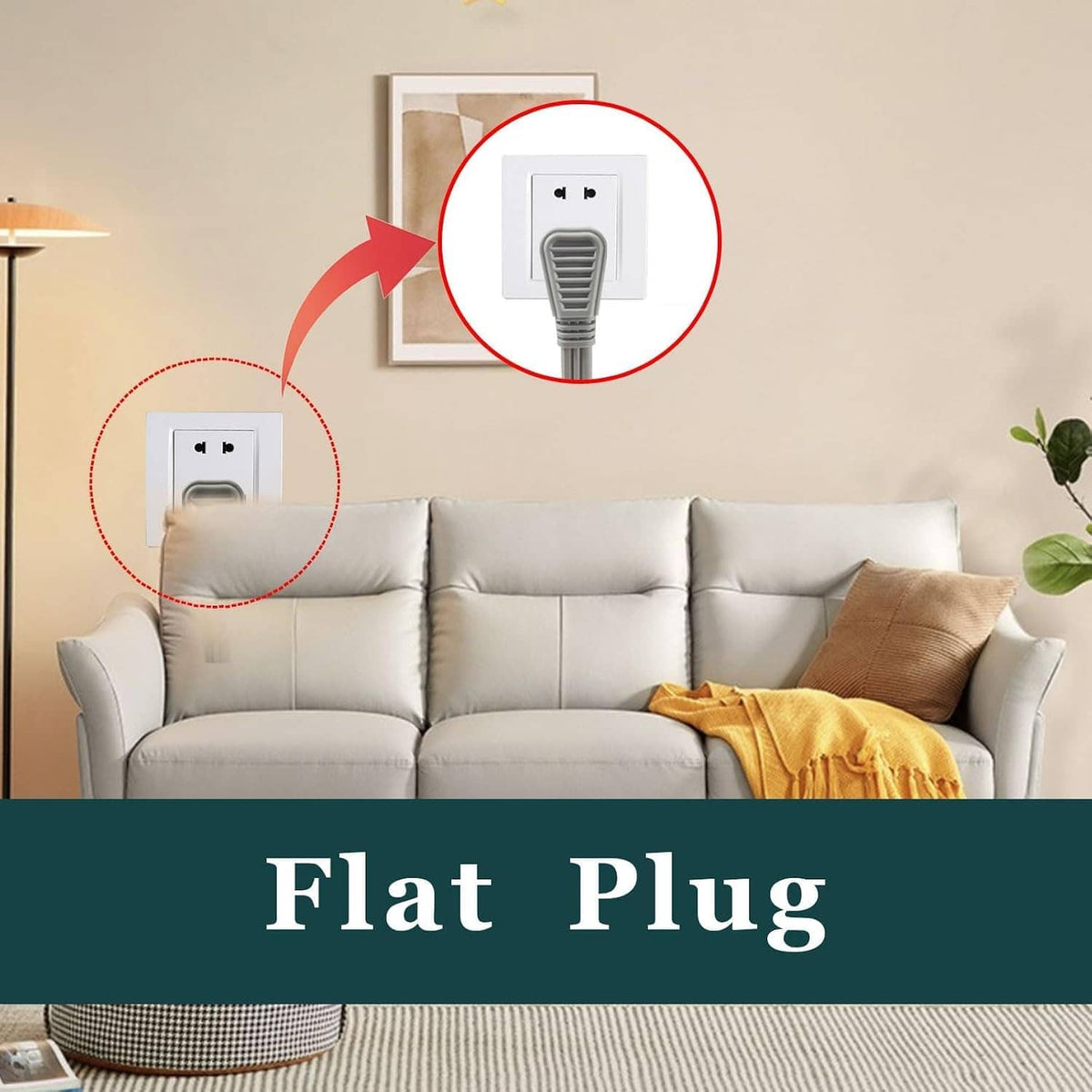 Flat plug grounded extension cord with two-prong outlet adapter on a wall