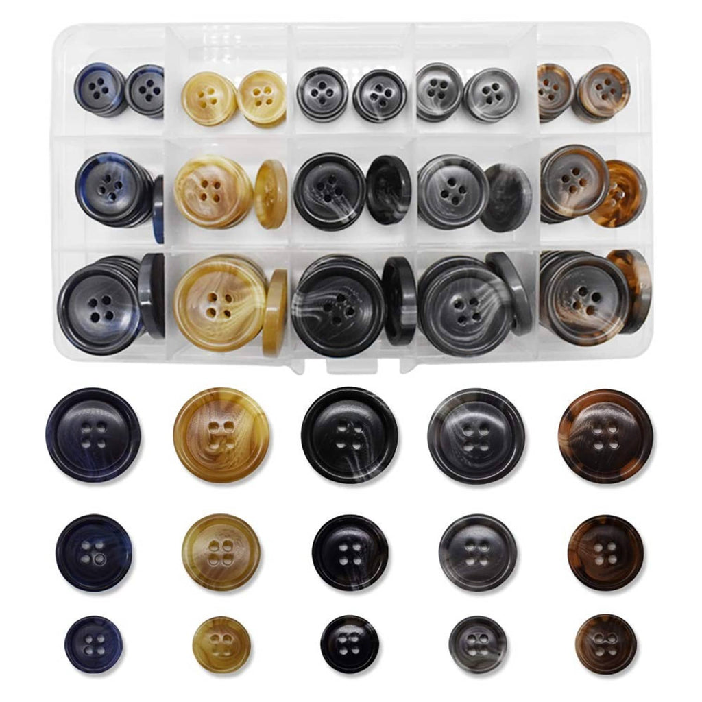 Assorted faux buffalo buttons in multiple tones, shown in a clear organizer box