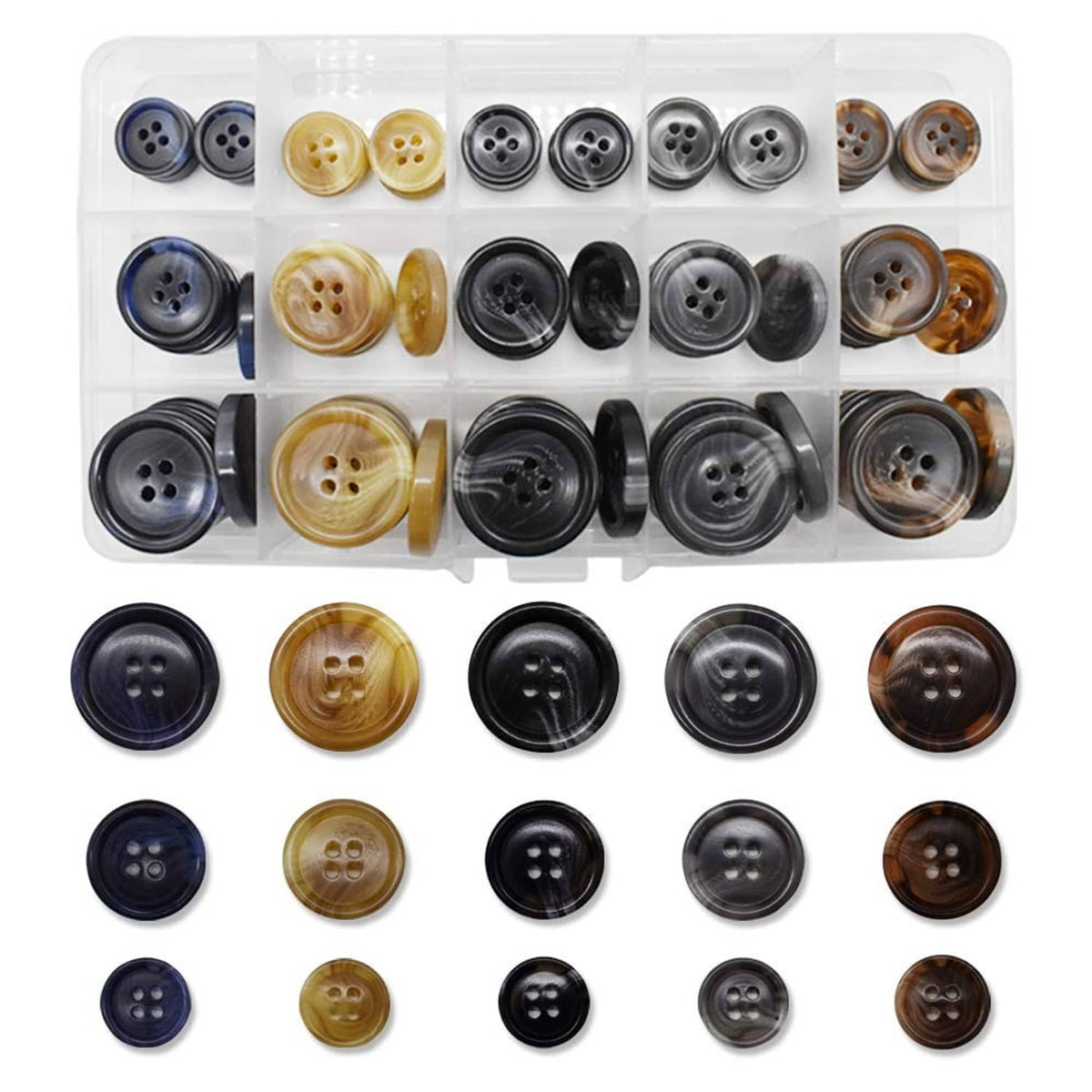 Assorted faux buffalo buttons in multiple tones, shown in a clear organizer box