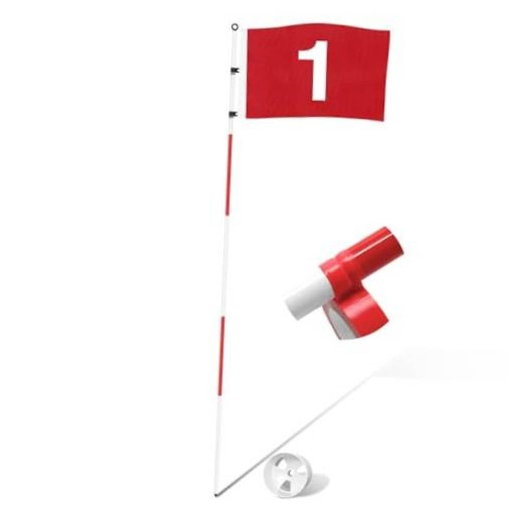 Red golf flag set with number 1 cloth flag, white pole, and snap base