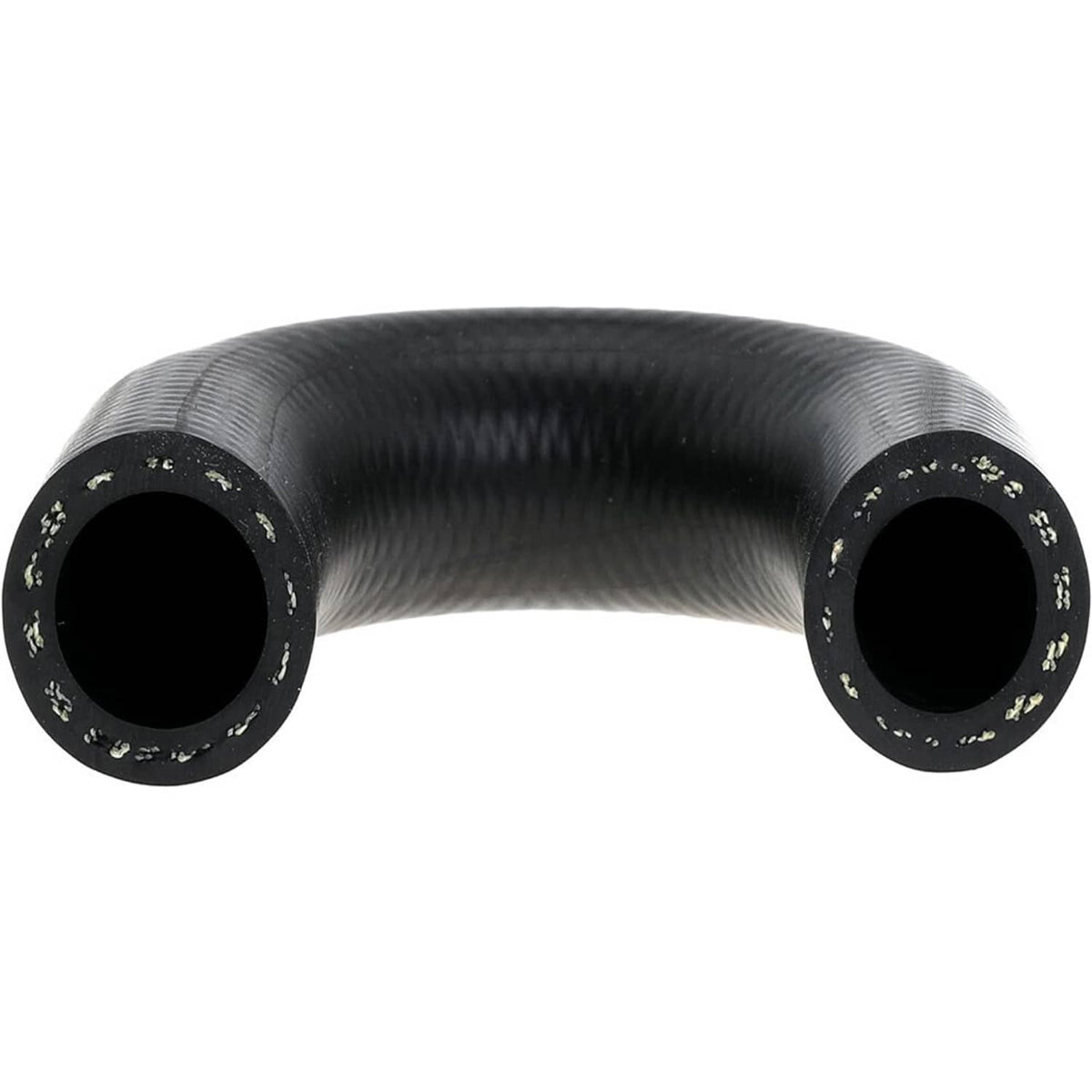 Black heater hose with two open ends and metal clamp bands