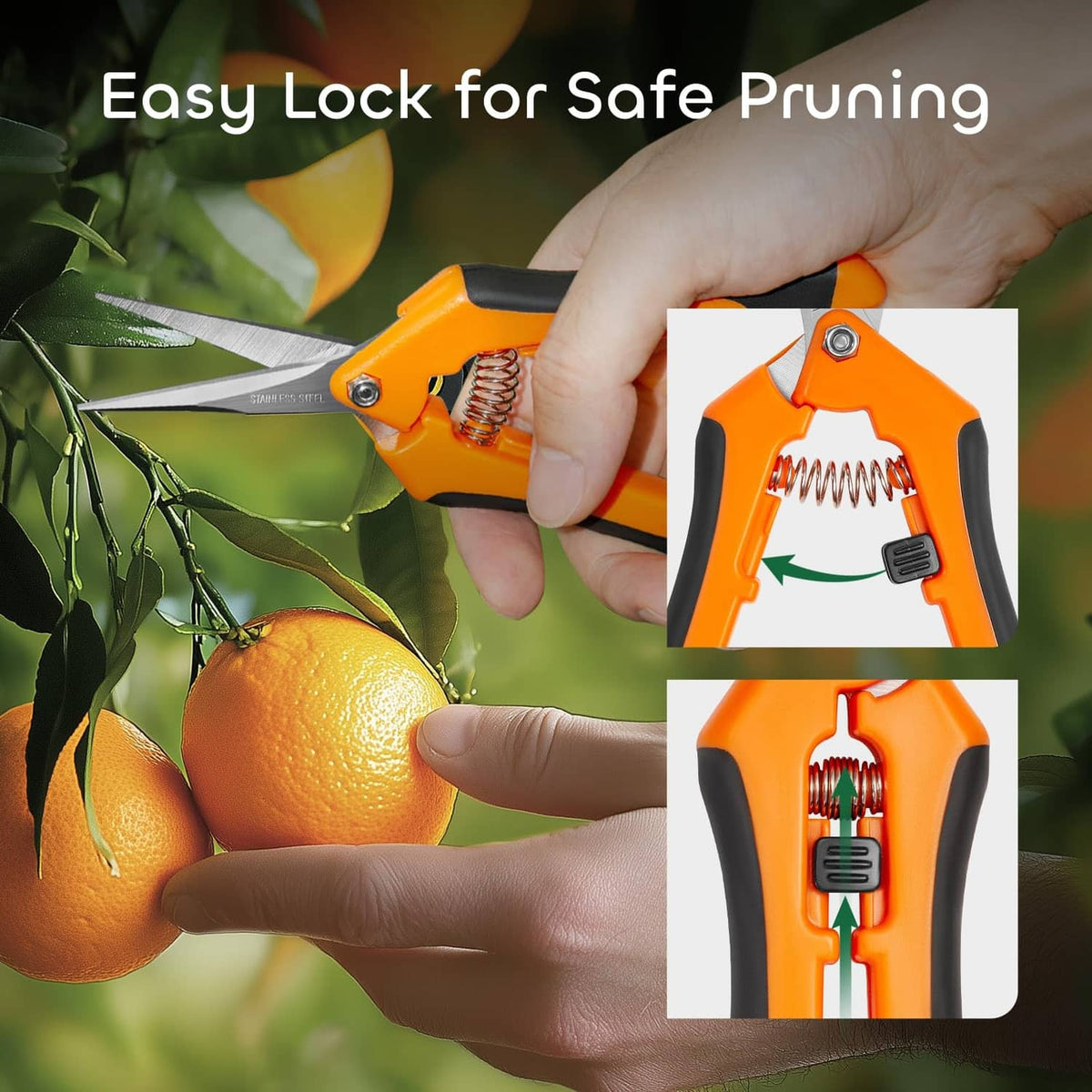 Orange pruning shears with locking mechanism, shown clipping a branch with hand